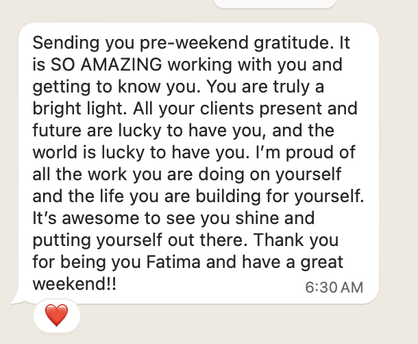 Message praising Fatima as a bright light and saying her clients are lucky to have her